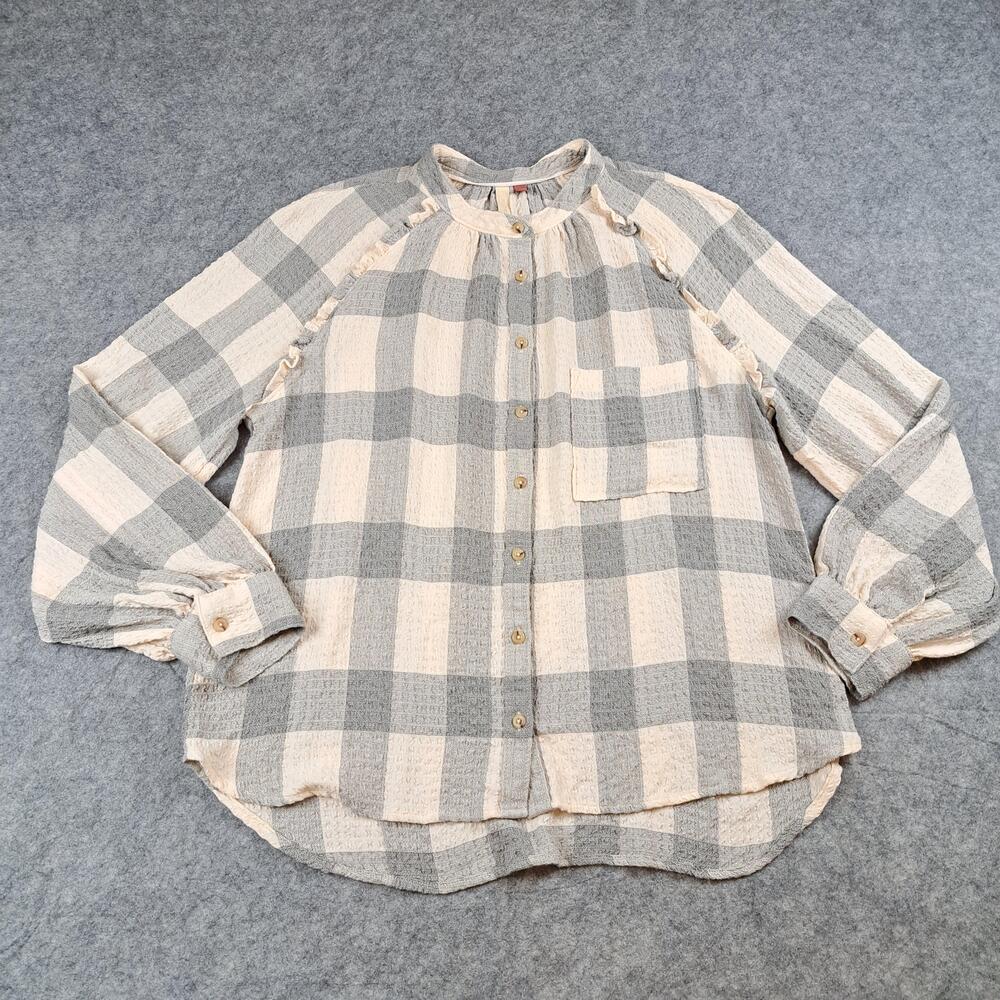 Pilcro Shirt Womens Large Gray Cream Plaid Button Front Ruffle Raglan Blouse